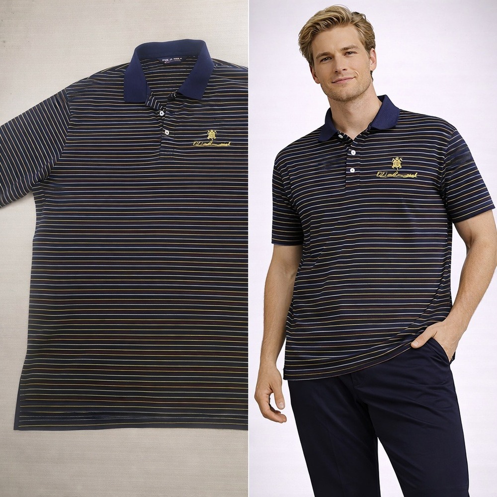 Polo Golf Ralph Lauren Mens XL Navy Yellow Striped Old Memorial Pima Cotton Polo